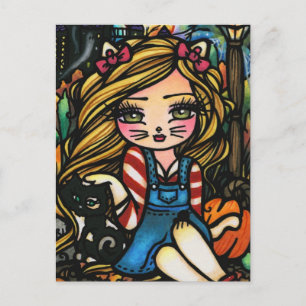 Halloween Cat Haunted House Girl Fantasy Art Briefkaart