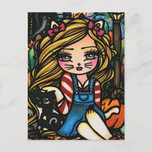 Halloween Cat Haunted House Girl Fantasy Art Briefkaart (Voorkant)