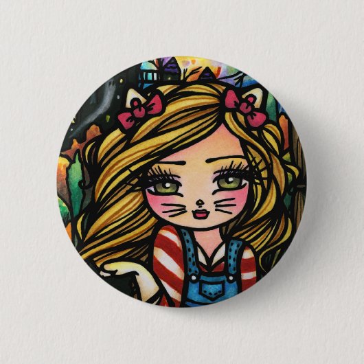 Halloween Cat Haunted House Girl Fantasy Art Ronde Button 5,7 Cm (Voorkant)
