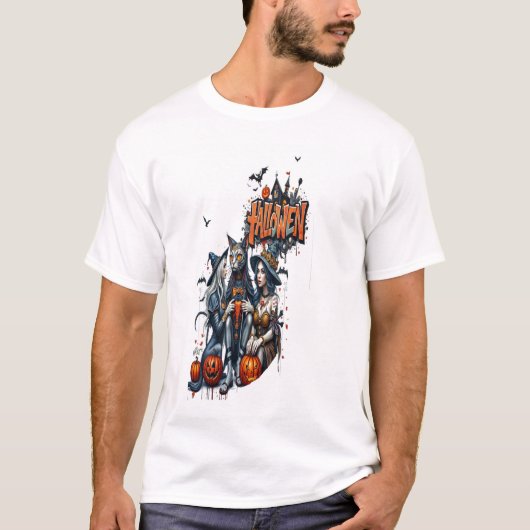 halloween cat horror art graffiti  t-shirt (Voorkant)