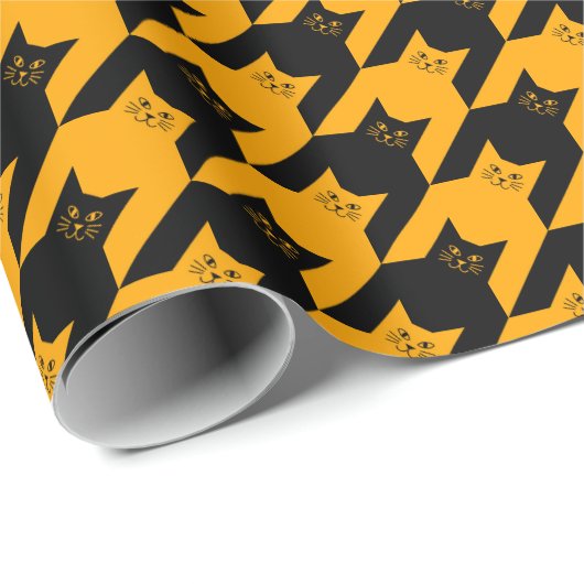 Halloween Cat Houndstooth Zwart en Sinaasappel Cadeaupapier (Rol Hoek)
