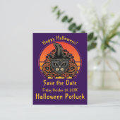 Halloween Cat in Witch Pet Abra Cadabra Aankondigingskaart (Staand voorkant)