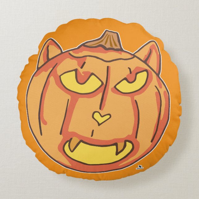 Halloween Cat Jack-o-Lantern Cartoon Fun Design Rond Kussen (Voorkant)