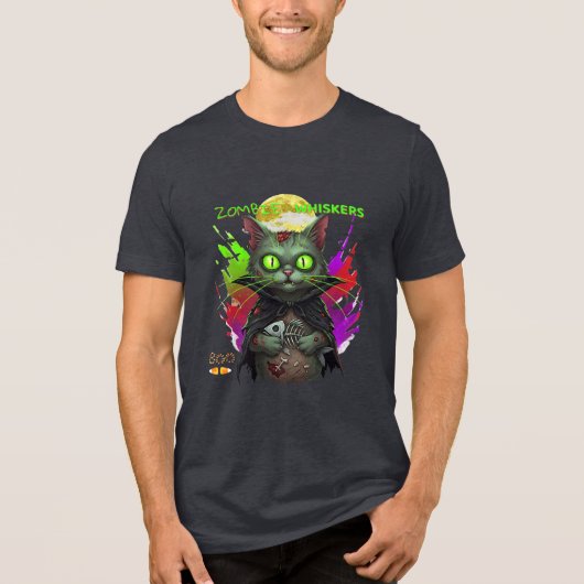 Halloween & Cat Lovers "Zombie Whiskers" Grappig Tri-Blend Shirt (Voorkant)