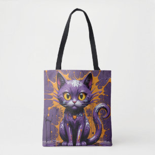 Halloween Cat Paarse & Sinaasappel Design Tote Bag
