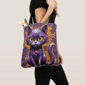 Halloween Cat Paarse & Sinaasappel Design Tote Bag (Dichtbij)