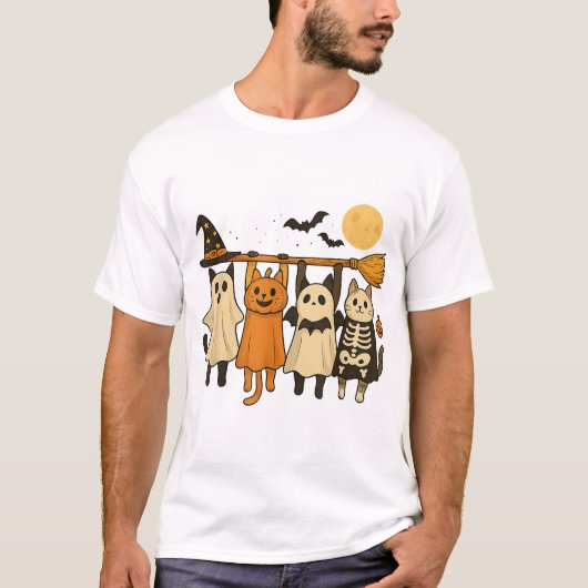 Halloween Cat Pumpkin Skeleton T-shirt (Voorkant)