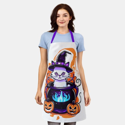 Halloween Cat Schort - Witch Cauldron Design (Gedragen)