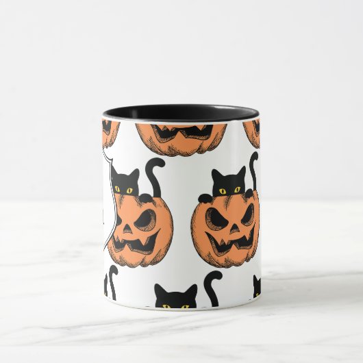 Halloween Cat Spooky Pattern Gepersonaliseerd Mok (Midden)