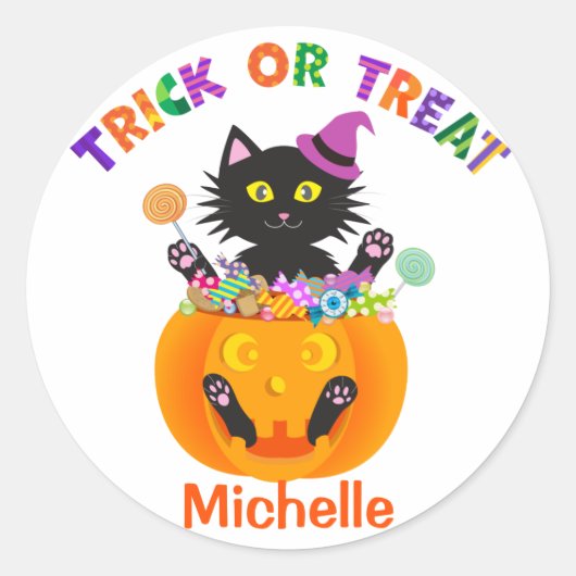 Halloween Cat Trick or treat Ronde Sticker (Voorkant)