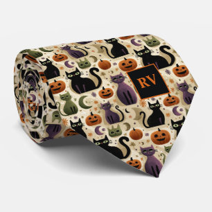 Halloween Cat Whiskers & Pumpkins Monogrammed Stropdas