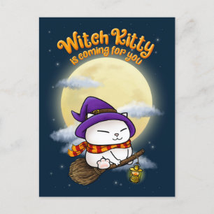Halloween Cat Witch Kat Feestdagenkaart