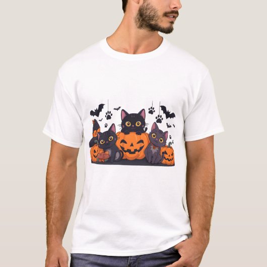 Halloween Cat with Claws and Pumpkins T-shirt (Voorkant)