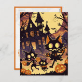 Halloween Cats by the Haunted House Feestdagenkaart (Voorkant / Achterkant)