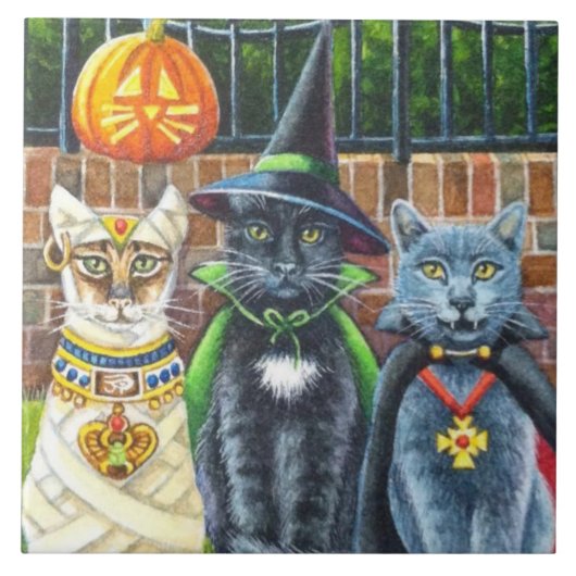 Halloween Cats in Costume Waterverf Art Tegeltje (Voorkant)