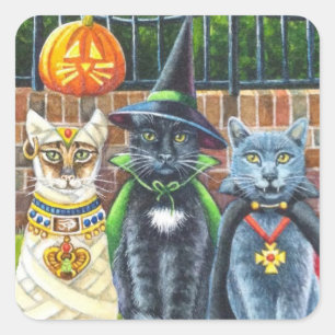Halloween Cats in Costume Waterverf Art Vierkante Sticker