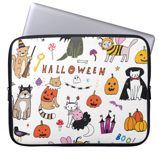 Halloween Cats  lijnpatroon Laptop Sleeve (Voorkant)