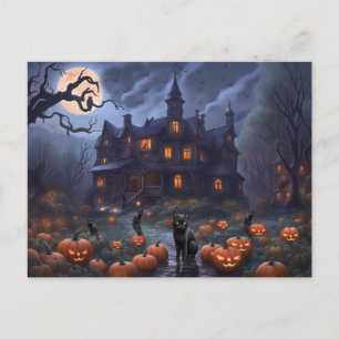 Halloween Cats Pumpkins Haunted House Feestdagenkaart