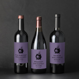 Halloween cauldron grappig paars podium wijn etiket