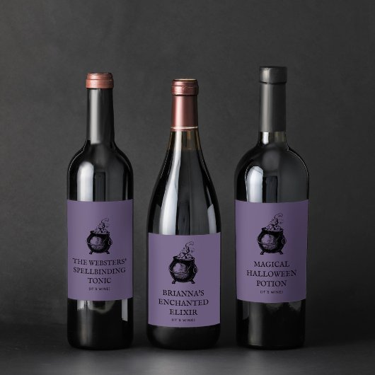 Halloween cauldron grappig paars podium wijn etiket