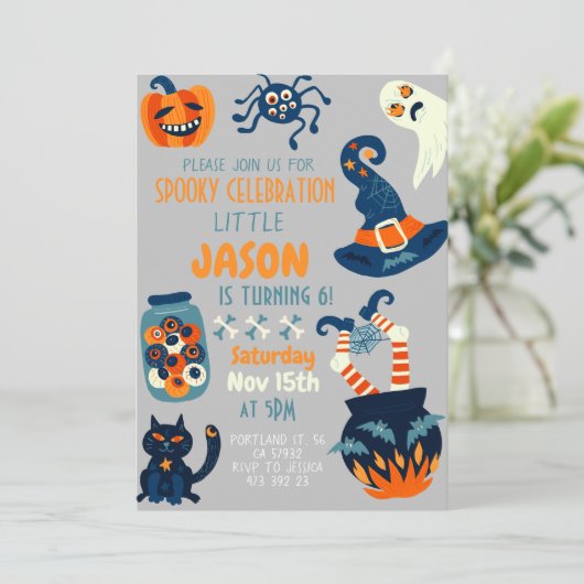 Halloween Cauldron Witch Kids Verjaardagsfeest Kaart (Staand voorkant)