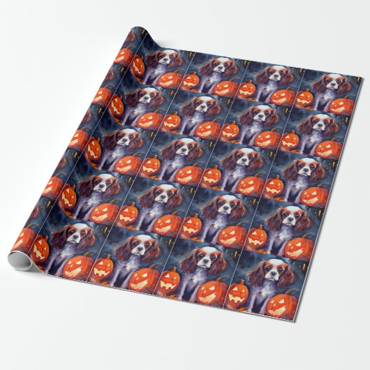 Halloween Cavalier King Charles Spaniel Pompoenen Cadeaupapier (Uitgerold)