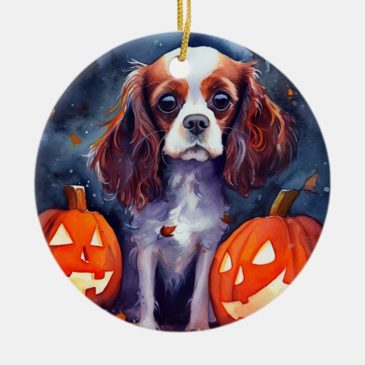 Halloween Cavalier King Charles Spaniel Pompoenen Keramisch Ornament (Voorkant)