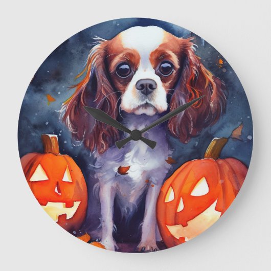 Halloween Cavalier King Charles Spaniel Pumpkins Grote Klok (Voorkant)
