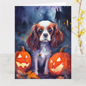 Halloween Cavalier King Charles Spaniel Pumpkins Kaart (Gele Bloem)