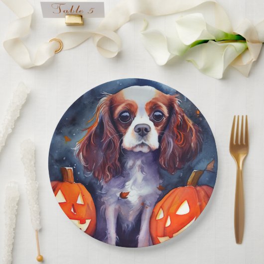 Halloween Cavalier King Charles Spaniel Pumpkins Papieren Bordje (Huwelijk)
