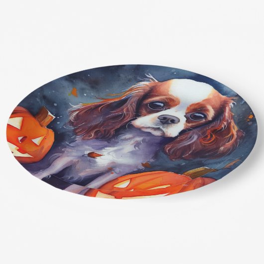 Halloween Cavalier King Charles Spaniel Pumpkins Papieren Bordje (Gekanteld)