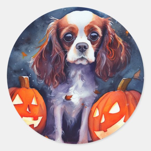 Halloween Cavalier King Charles Spaniel Pumpkins Ronde Sticker (Voorkant)
