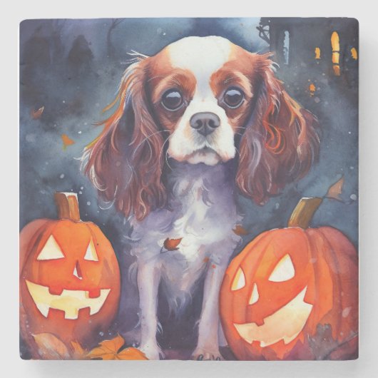 Halloween Cavalier King Charles Spaniel Pumpkins Stenen Onderzetter (Voorkant)
