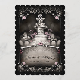 Halloween Cemetery Love Pink Floral Wedding Invite Kaart