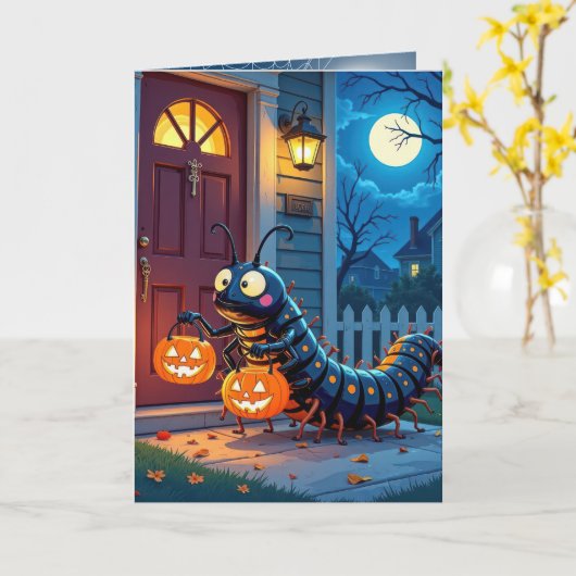 Halloween Centipede Trick or Treating Kaart (Gele Bloem)