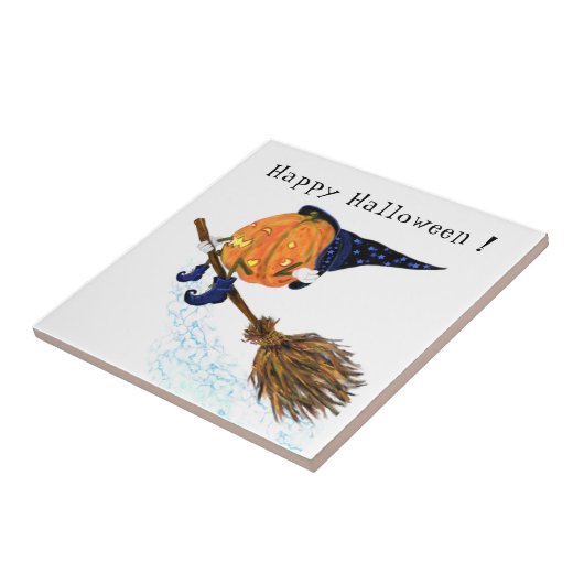 Halloween Ceramic Tegel Witch Pumpkin Flying Broom Tegeltje (Zijkant)