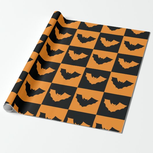 Halloween Checkers Patroon met vleermuizen Cadeaupapier (Uitgerold)