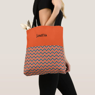 Halloween Chevron Bold Oranje Black White Name Tote Bag