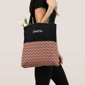 Halloween Chevron Bold Oranje Black White Name Tote Bag
