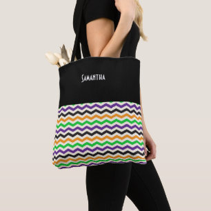 Halloween Chevron Green Paars Black Oranje naam Tote Bag
