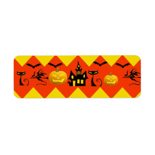 Halloween Chevron Haunted House Black Cat Pattern Etiket