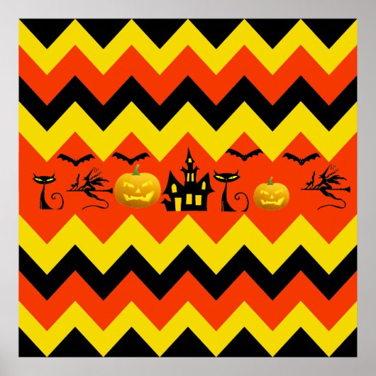 Halloween Chevron Haunted House Black Cat Pattern Poster (Voorkant)