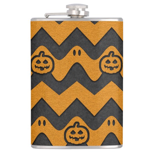 Halloween Chevron Patroon met geesten en pompoenen Heupfles (Voorkant)