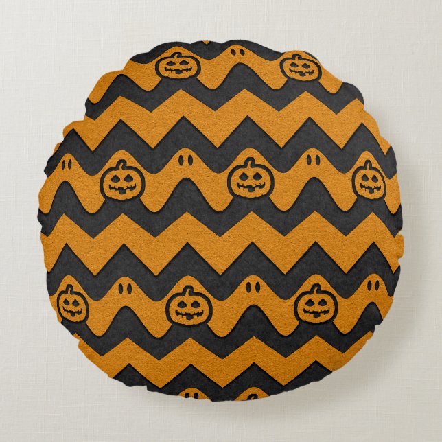 Halloween Chevron Patroon met geesten en pompoenen Rond Kussen (Voorkant)