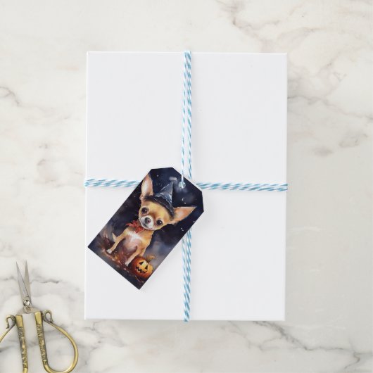 Halloween chihuahua met pompoenen eng cadeaulabel (Met Touw)