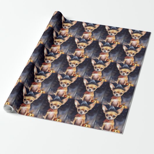 Halloween chihuahua met pompoenen eng cadeaupapier (Uitgerold)
