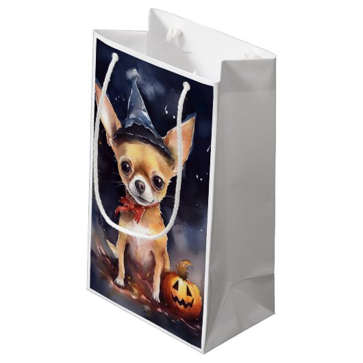 Halloween chihuahua met pompoenen eng klein cadeauzakje (Achterkant Gekanteld)