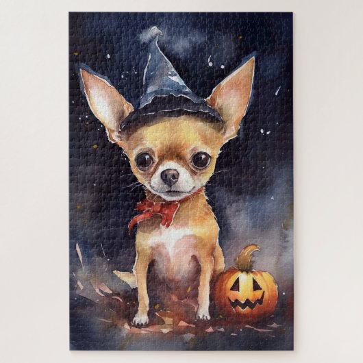 Halloween chihuahua met pompoenen eng legpuzzel (Verticaal)