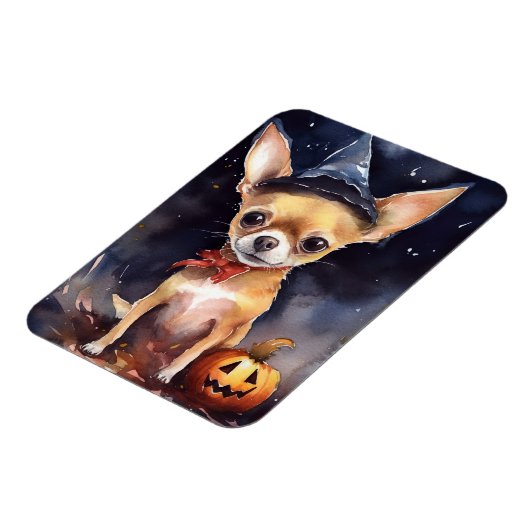 Halloween chihuahua met pompoenen eng magneet (Linkerzijde)