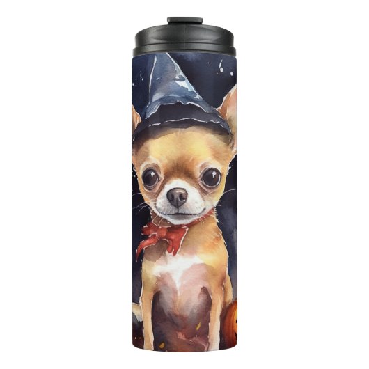 Halloween chihuahua met pompoenen eng thermosbeker (Voorkant)